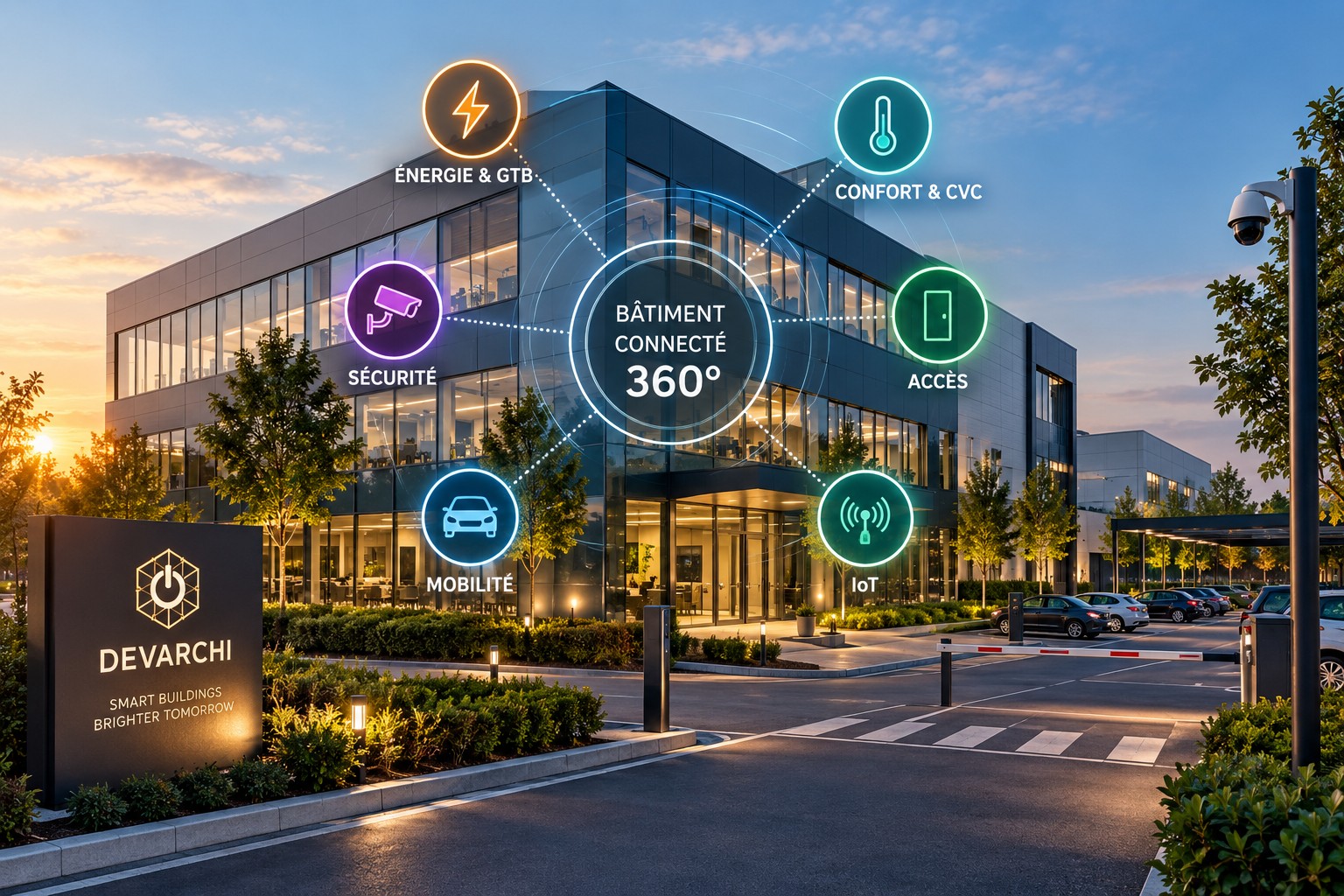 Vision 360 degrés d'un bâtiment connecté avec GTB, énergie, CVC, sécurité, contrôle d'accès, IoT et mobilité